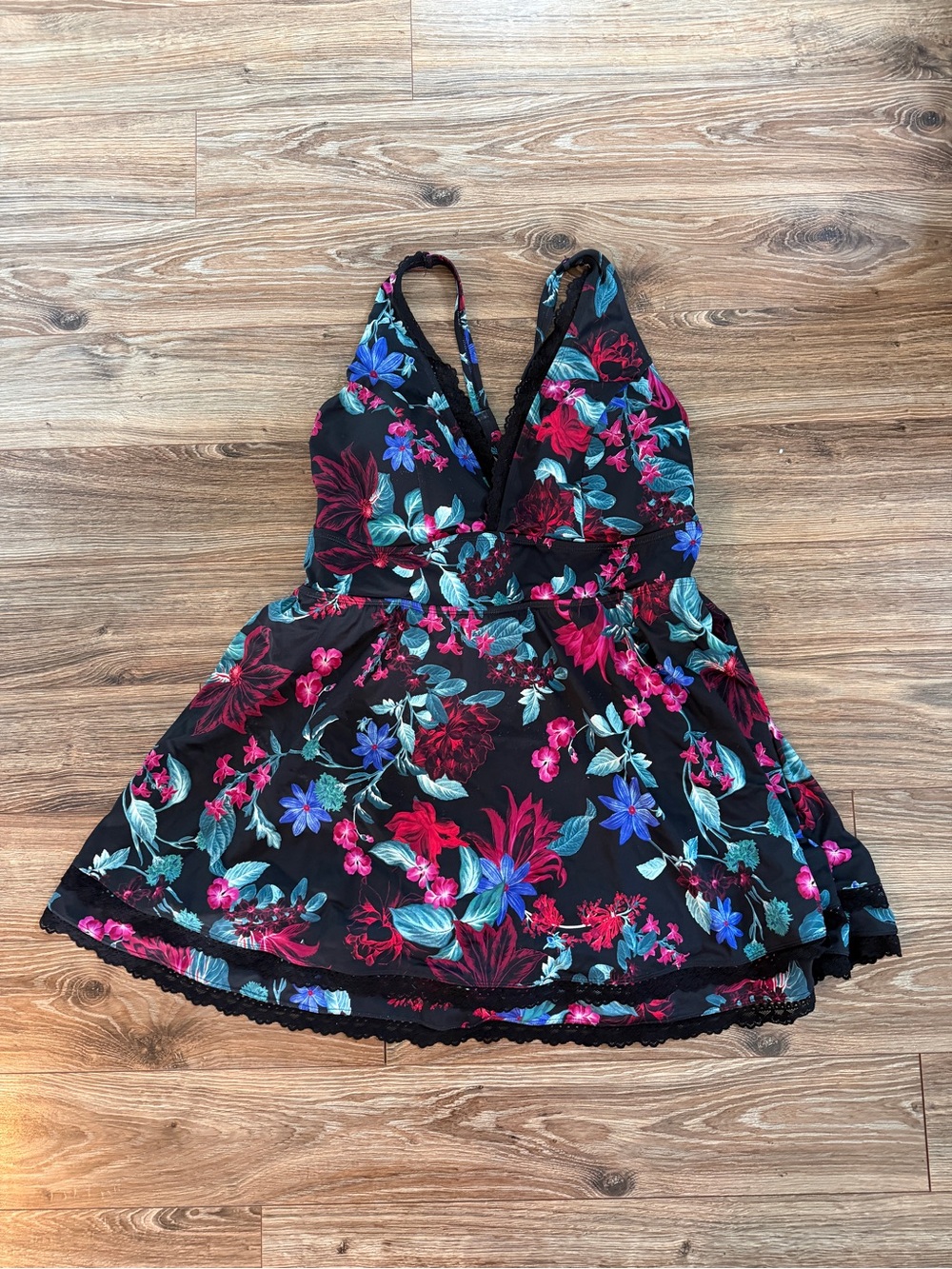 torrid Black Floral Halter Swim Dress with Pink & Teal Accents - Picture 6 of 7